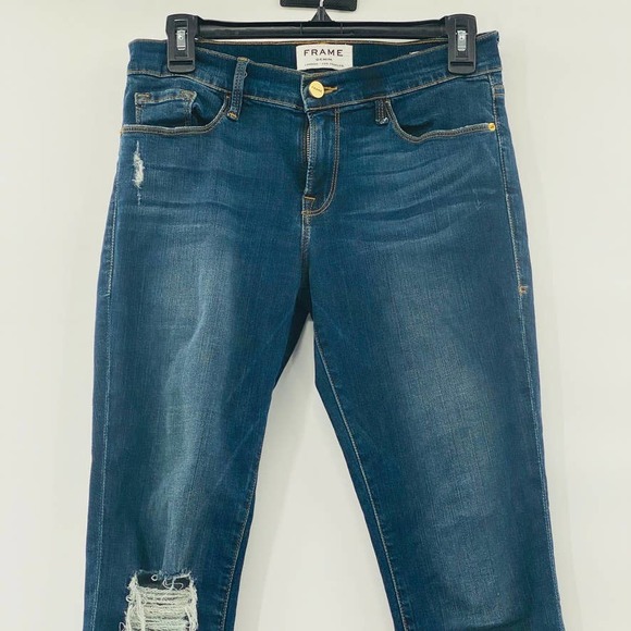 Frame Denim Le Skinny de Jeanne Crop Raw-Edge Jean Busted Knee Faded Thorpe 28 - Picture 6 of 13
